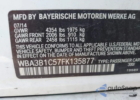 2015 BMW 320I z USA, uszkodzony, nr VIN WBA3B1C57FK135877